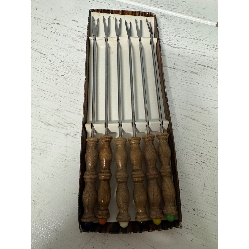 Vintage Fondue Forks Set of 6 Wood Handles Color Coded Tips Japan MCM Retro